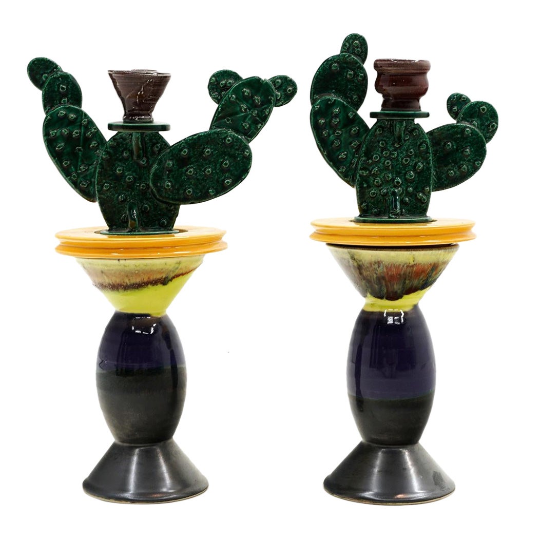 Ceramic Cactus Candlesticks by Peter Shire. Signed EXP 2000.  Mint Condition. For Sale