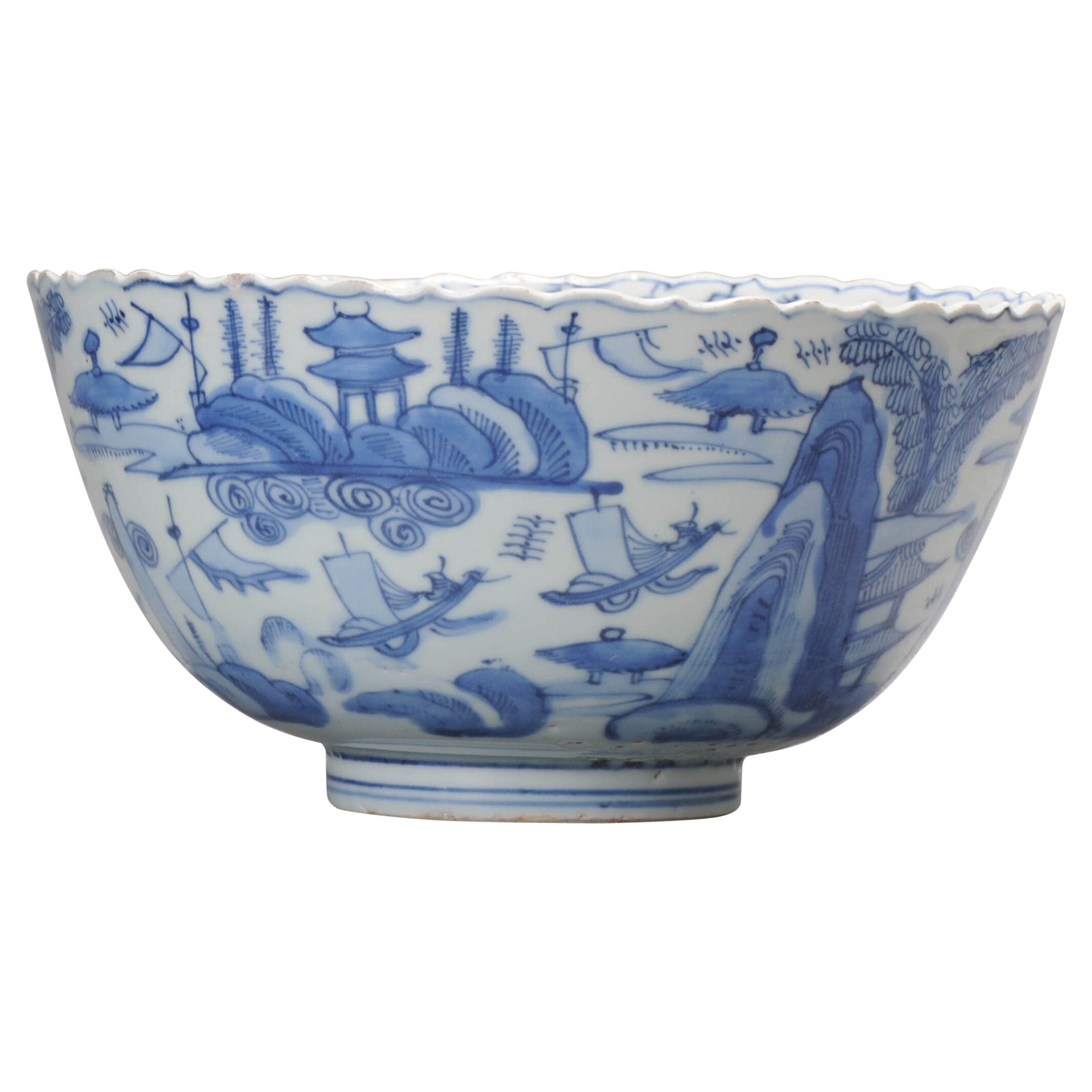 Antique Blue and White 'River Landscape' Bowl Foliate Rim Cranes, ca 1600 For Sale