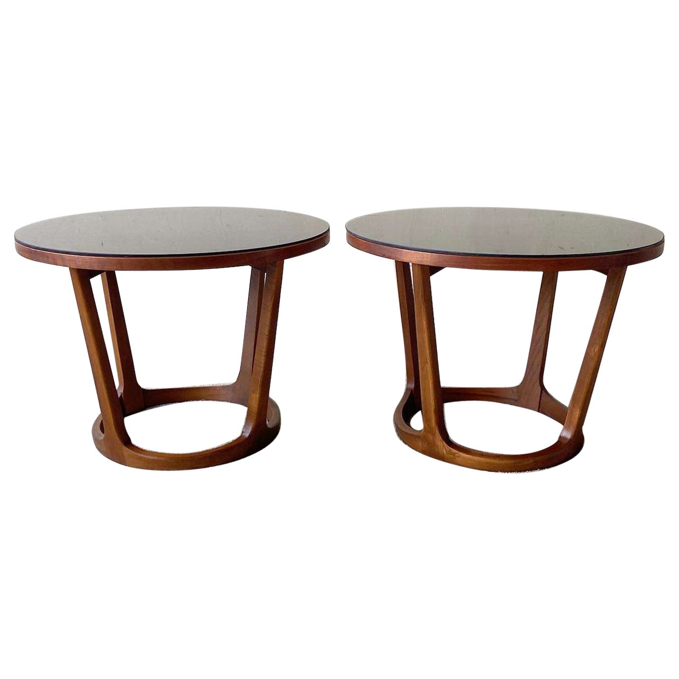 Mid Century Modern Circular Walnut Side Tables With Smoked Glass Top - a Pair