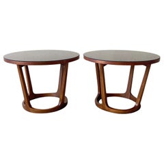 Mid Century Modern Circular Walnut Side Tables With Smoked Glass Top - a Pair
