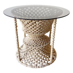 Beige Hand Woven Macrame Hourglass Glass Top Side Table