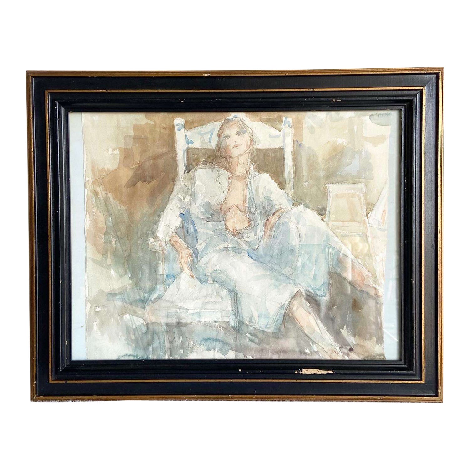 Framed Watercolor Painting of Lady Lounging in Robe Attire For Sale