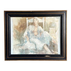 Peinture aquarelle encadrée d'une dame se prélassant en robe de chambre