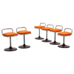 Vintage 6 Italian low bar stools with orange seat 1970 Joe Colombo style