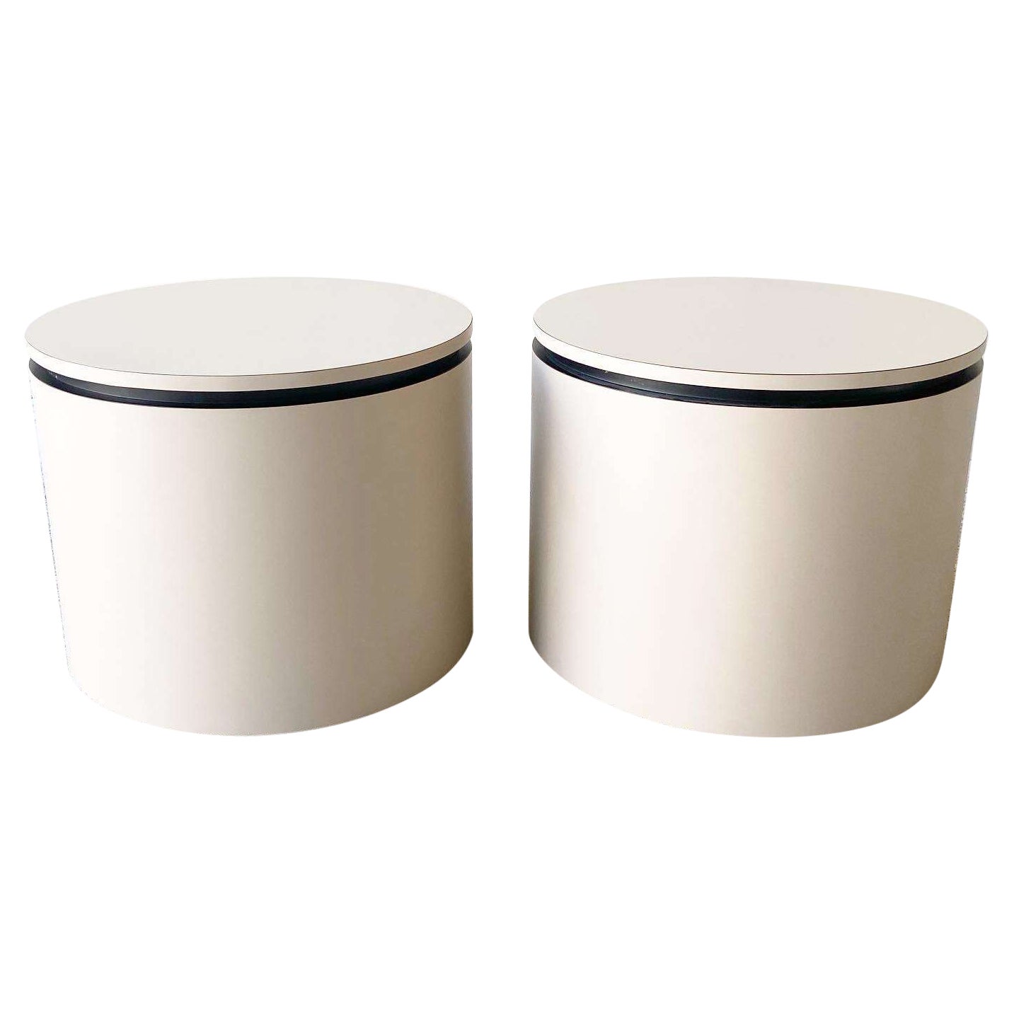 Postmodern Tan & Black Lacquer Laminate Circular Side Tables on Casters - a Pair