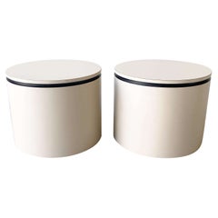 Postmodern Tan & Black Lacquer Laminate Circular Side Tables on Casters - a Pair