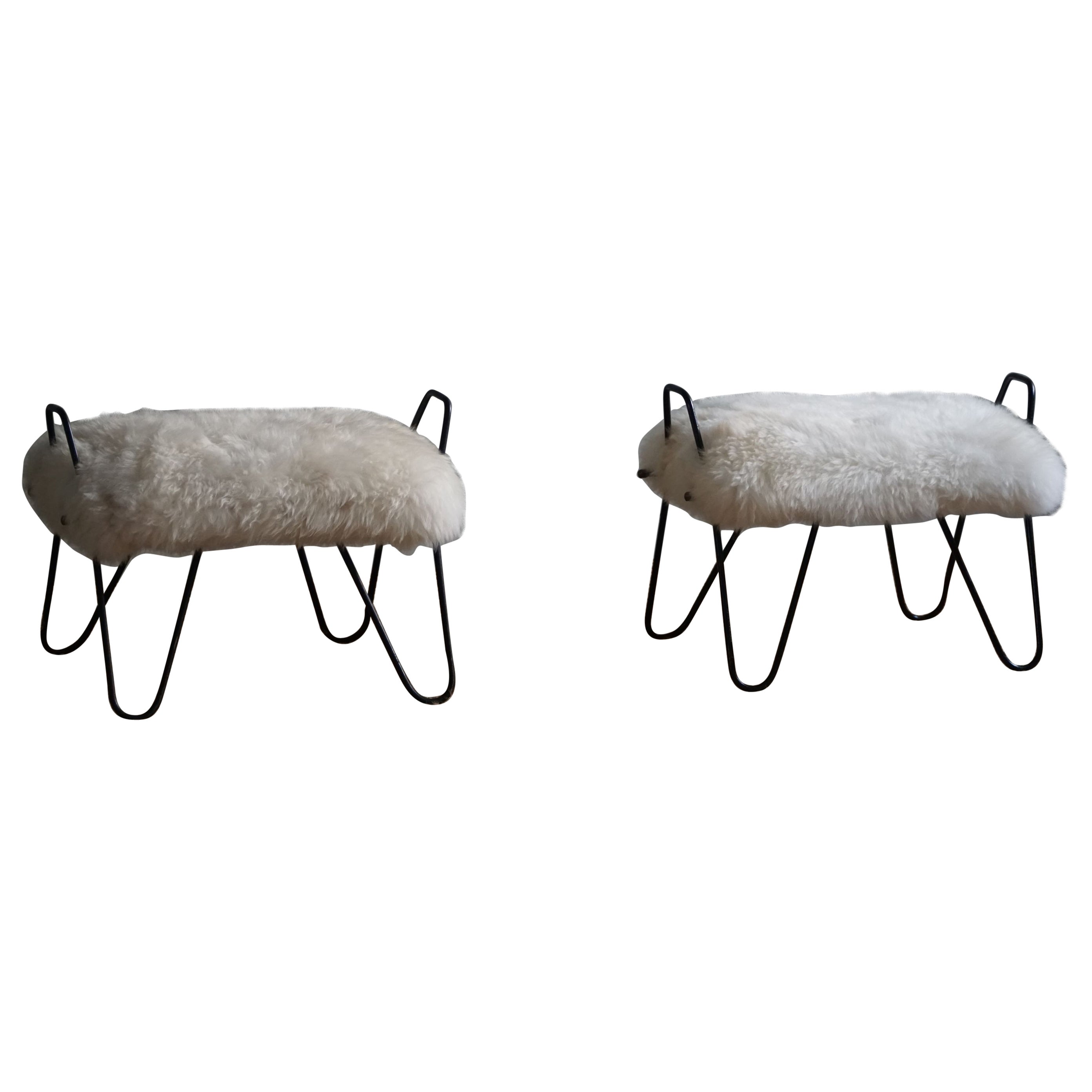 A Pair of Stools in Steel and Icelandic Lambswool, Mid Century Modern, 1960s For Sale