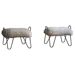 Antique A Pair of Stools in Steel and Icelandic Lambswool, Mid Century Modern, 1960s