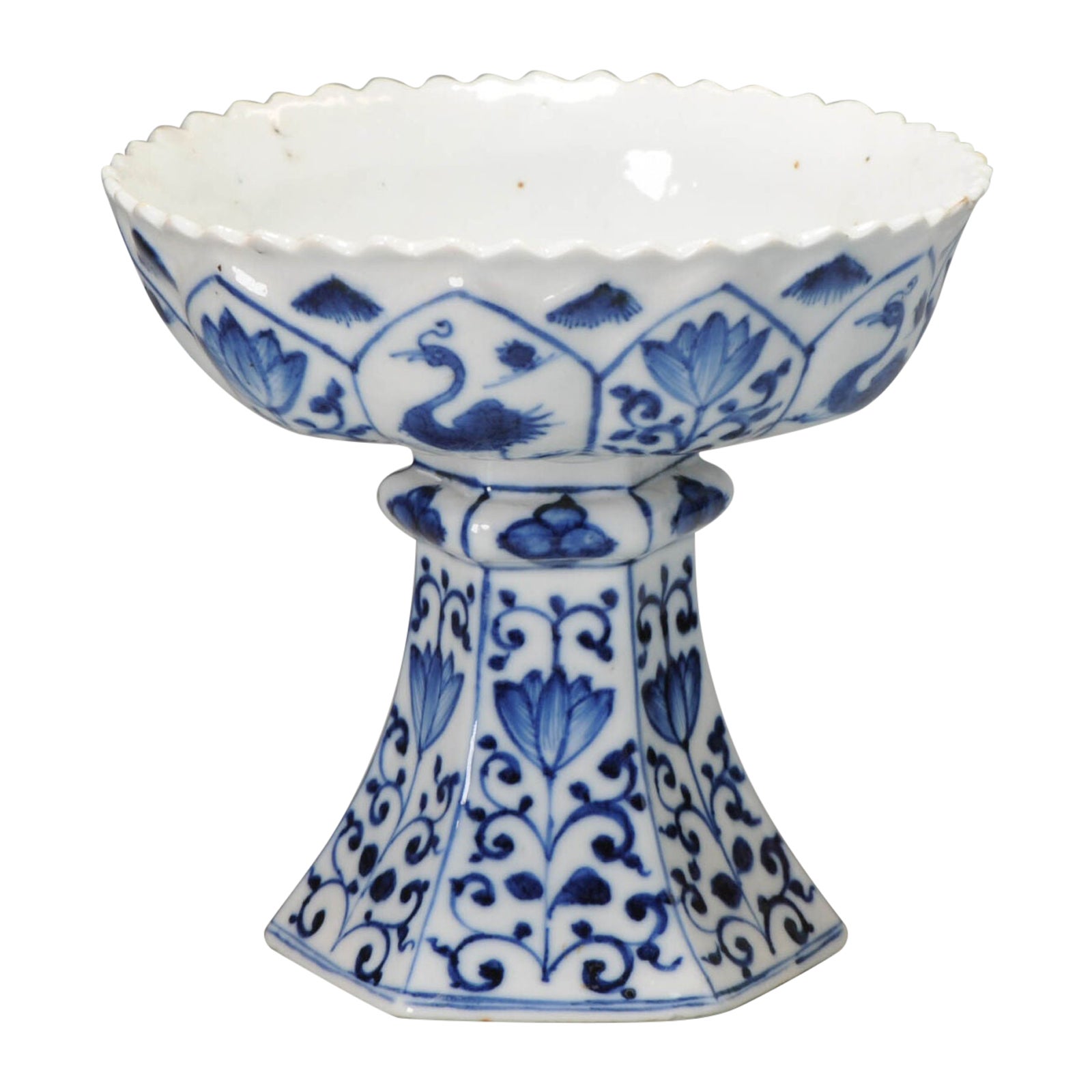Antike chinesische market Stem-Tasse aus kobaltfarbenem Porzellan, spätes 18. / 19. Jahrhundert