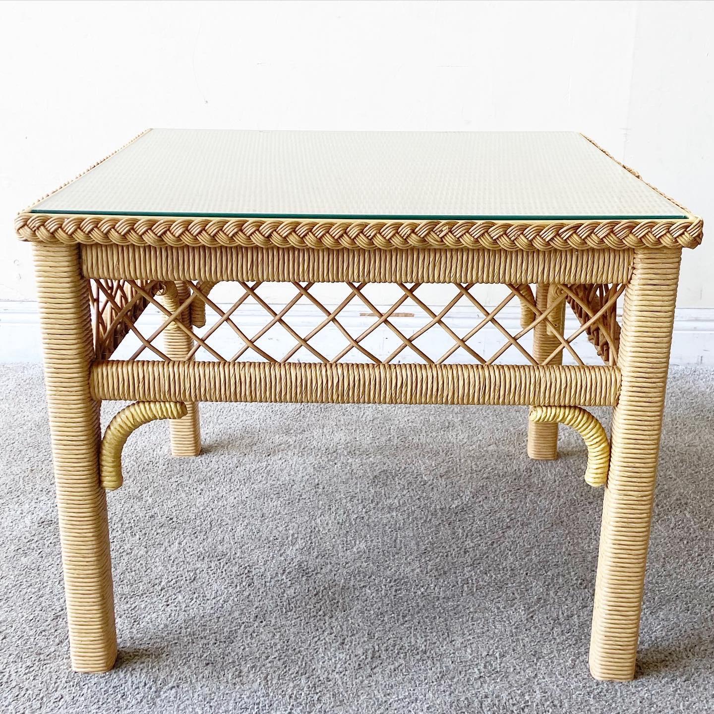Boho Chic Henry Link Wicker Glass Top Side Table For Sale at 1stDibs