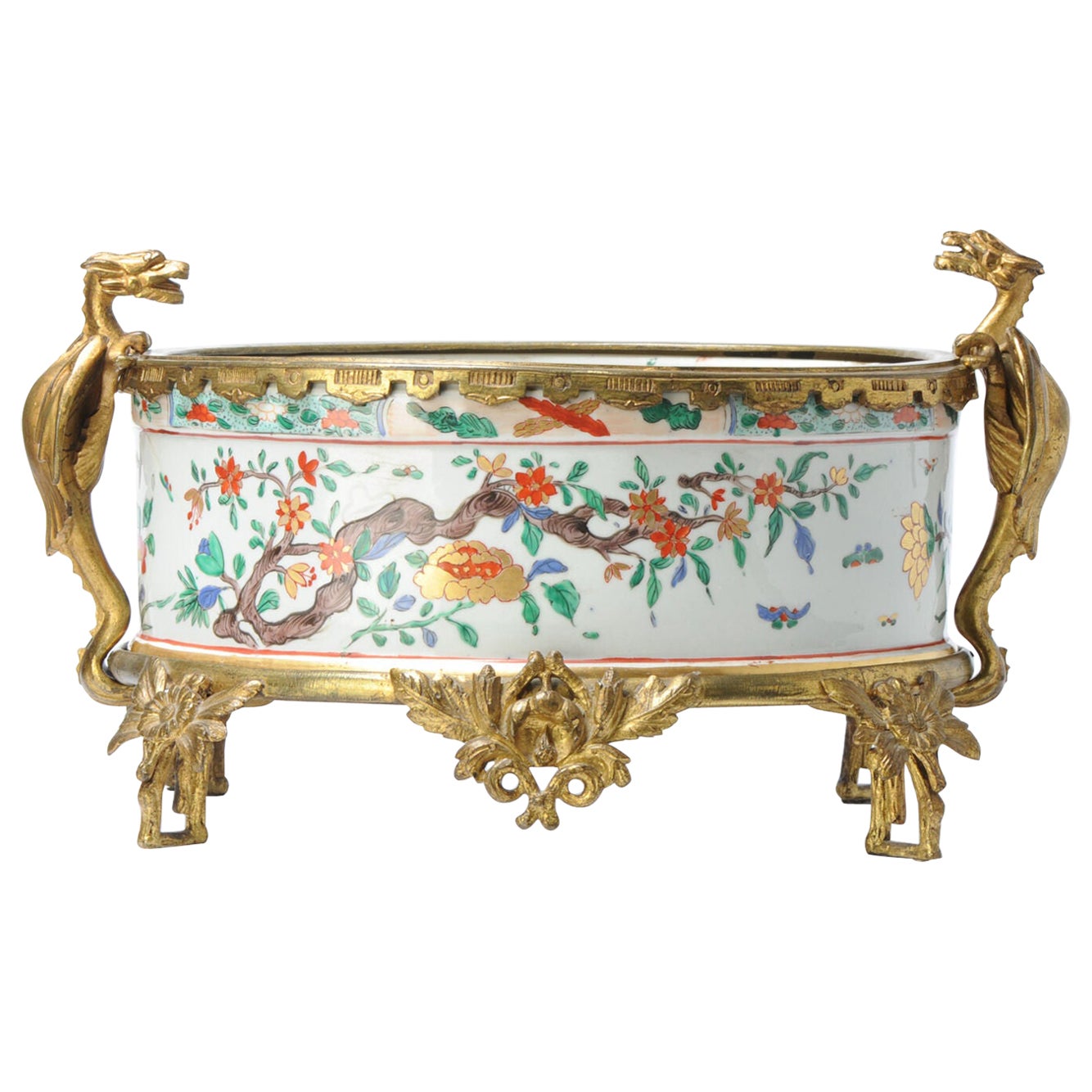 Antique French Samson Porcelain After Chinese Example Planter Ormulu Verte, 19 C For Sale