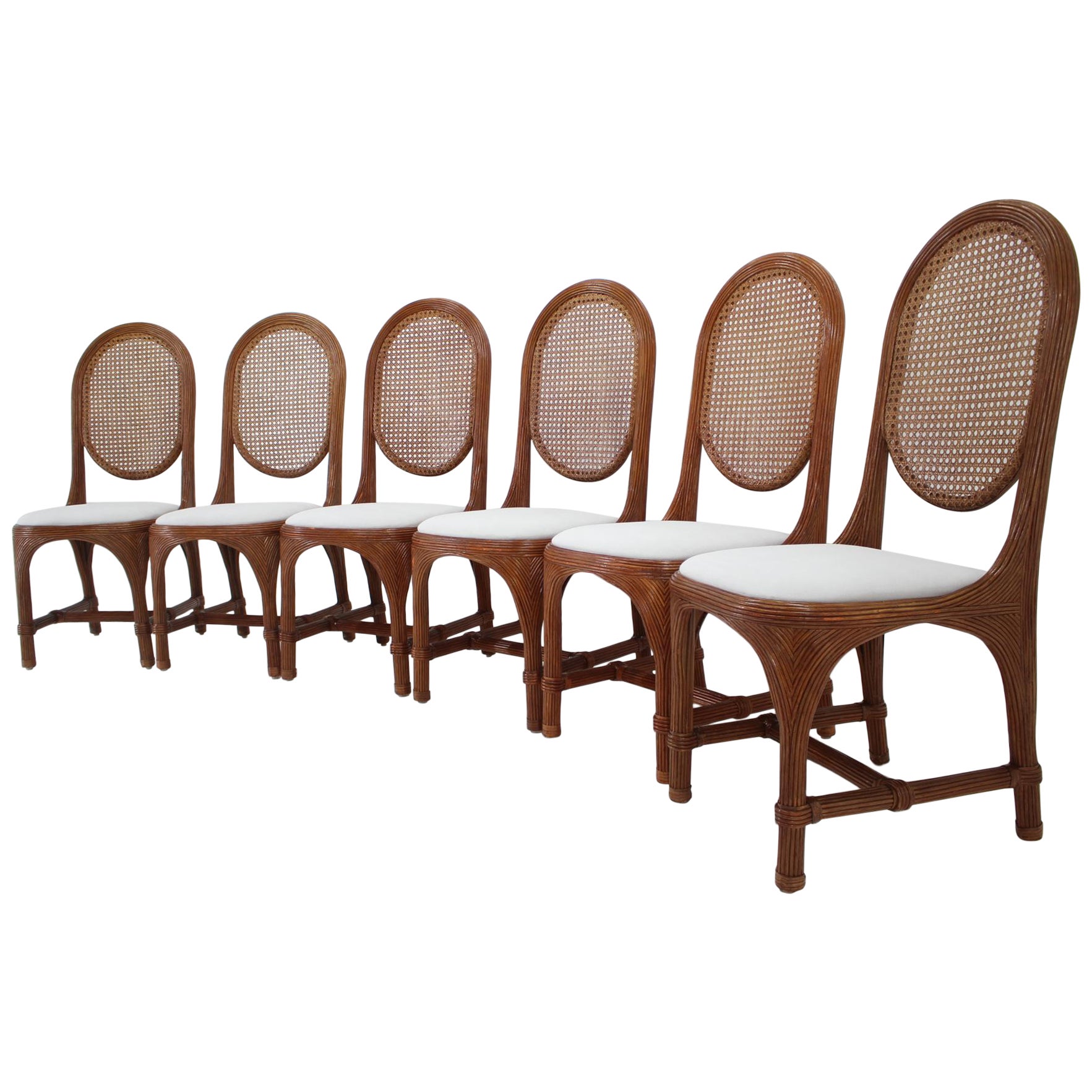 Set of 6 Antique Rattan Dining Chairs with Cane Backrest  For Sale