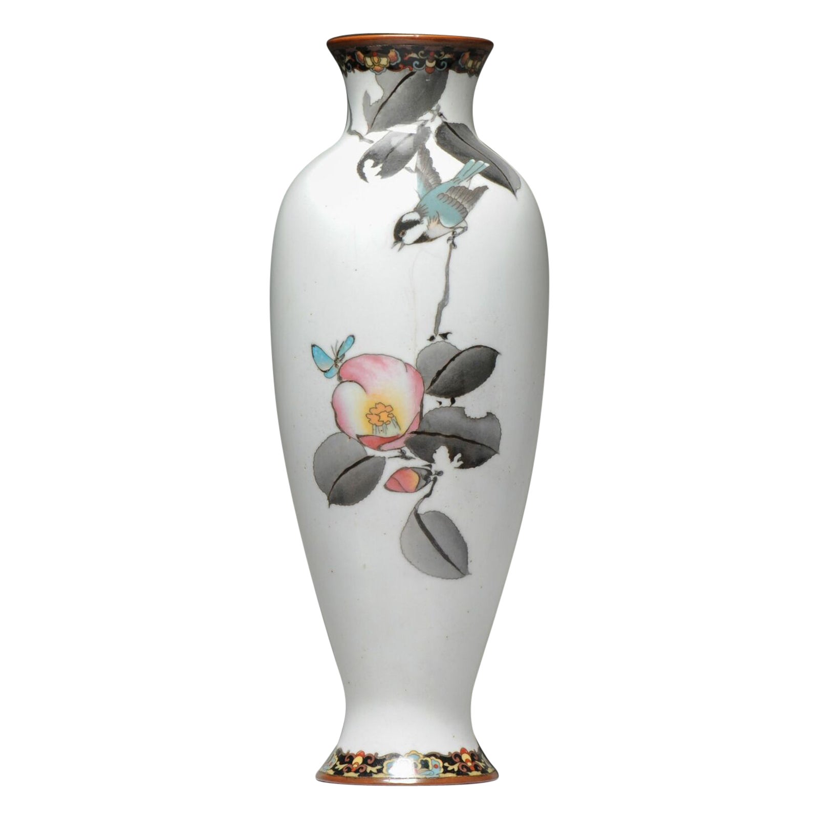 Lovely Antique Japanese Bronze Cloisonne Vase Bird and Peach, 19 Century For Sale