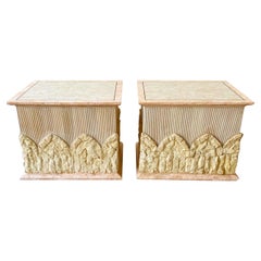 Postmodern Tessellated Pink and Beige Stone Pencil Reed Side Tables - a Pair