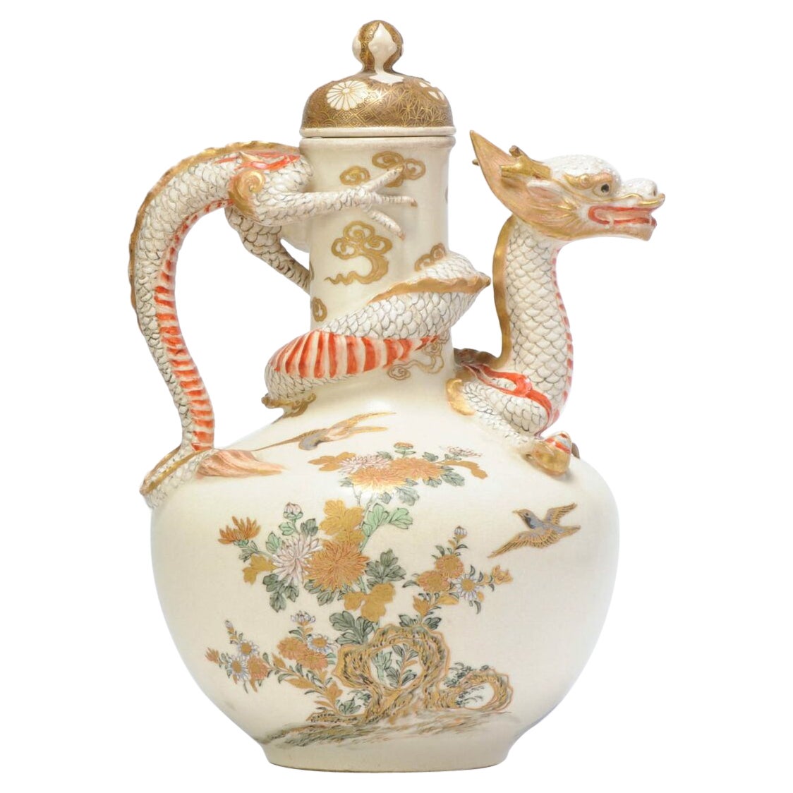 Antique Beautiful Japanese Satsuma Sake or Teapot with Dragon Head Marked For Sale