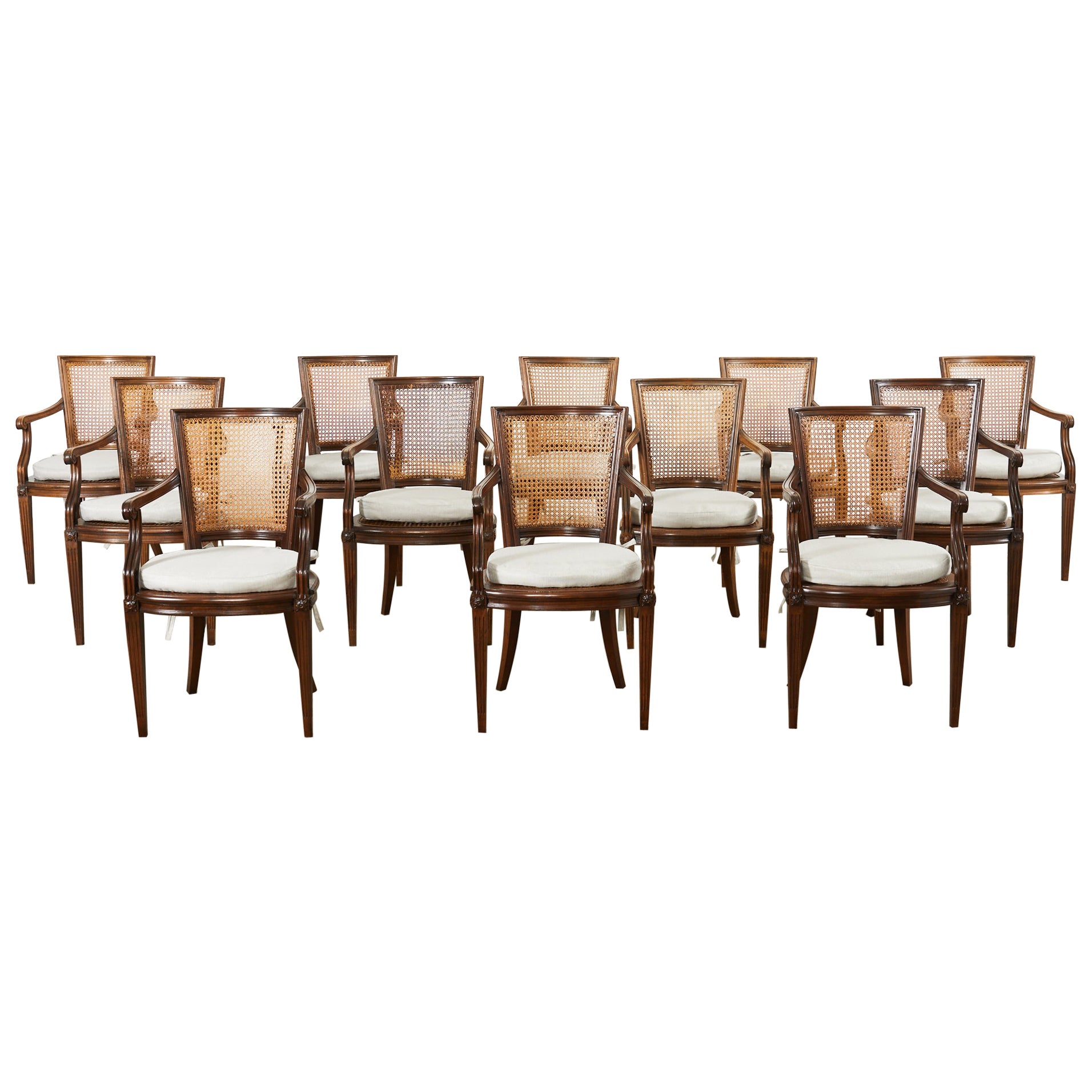 Set of Twelve Louis XVI Style Mahogany Cane Dining Armchairs  For Sale