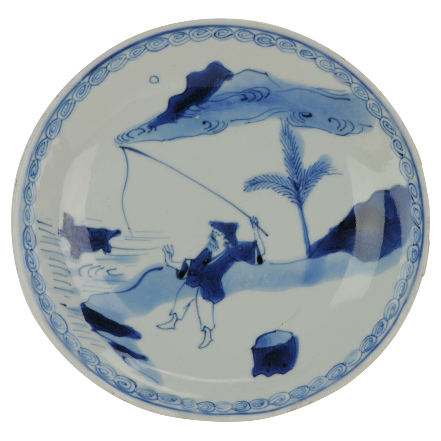 Antique Chinese Porcelain Late Ming or Transitional Plate Fisherman Turtle For Sale