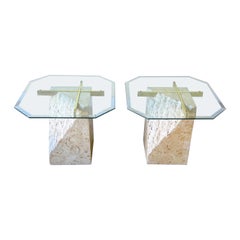 Postmodern Polished Tessellated Stone Glass Top Side Tables - a Pair