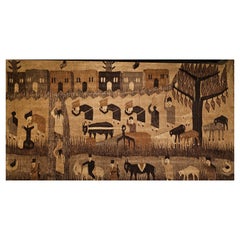 Vintage Hand Woven African Tapestry of a Farm in Natural Wool Colors in Brown (Tapisserie africaine tissée à la main représentant une ferme en laine naturelle) 