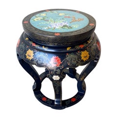 Asian Cloisonné Black Lacquered Hand Painted Stool