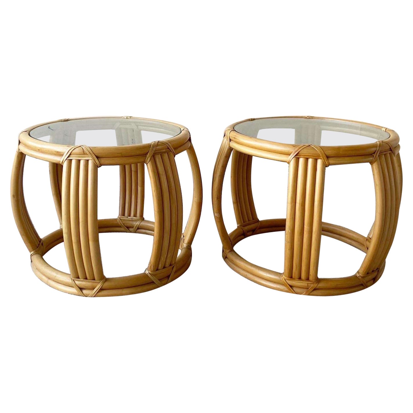 Vintage Boho Chic Bamboo Rattan Oval Side Tables For Sale