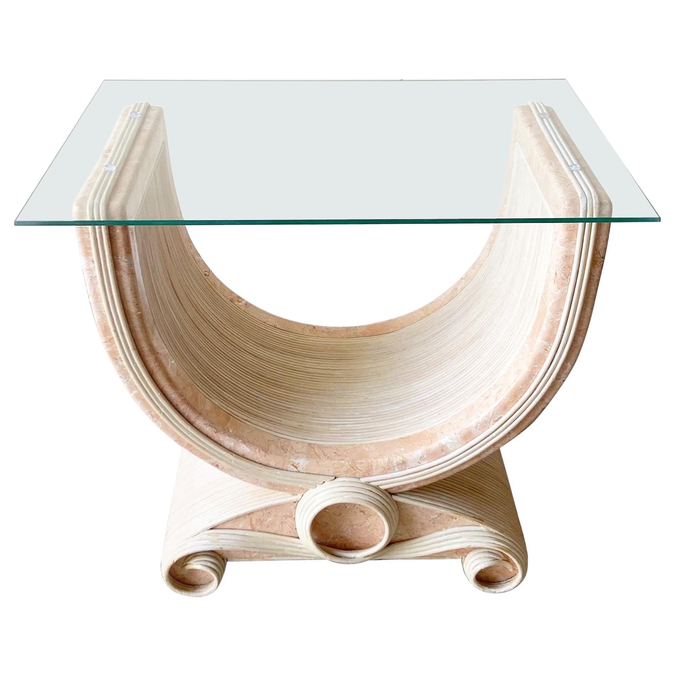 Postmodern Pencil Reed & Pink Tessellated Stone Glass Top Side Table