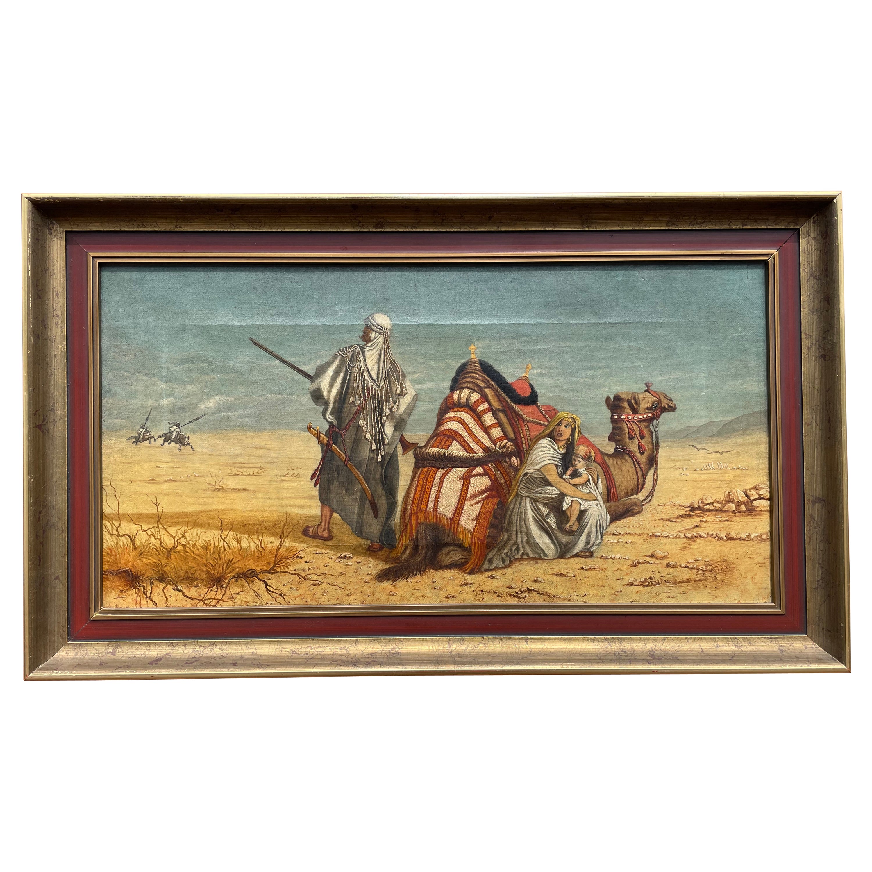 Antiquities Oil on Canvas Painting Arabic Male & Camel in Desert Protecting Spouse en vente