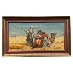 Antique Oil on Canvas Painting Arabic Male & Camel in Desert Protecting Spouse