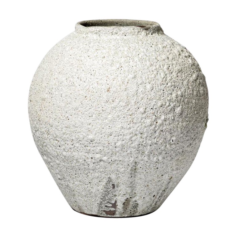Large stoneware ceramic grey and white moon vase by B Audureau unique piece 