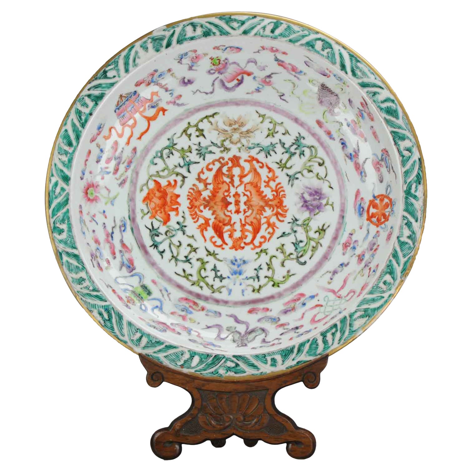 Huge Chinese Plate Porcelain 'Phoenix and Buddhist Emblems' Charger, 19 Century For Sale