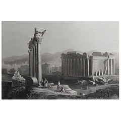 Original Antique Print of the Temple of Baalbek, Lebanon. C.1850