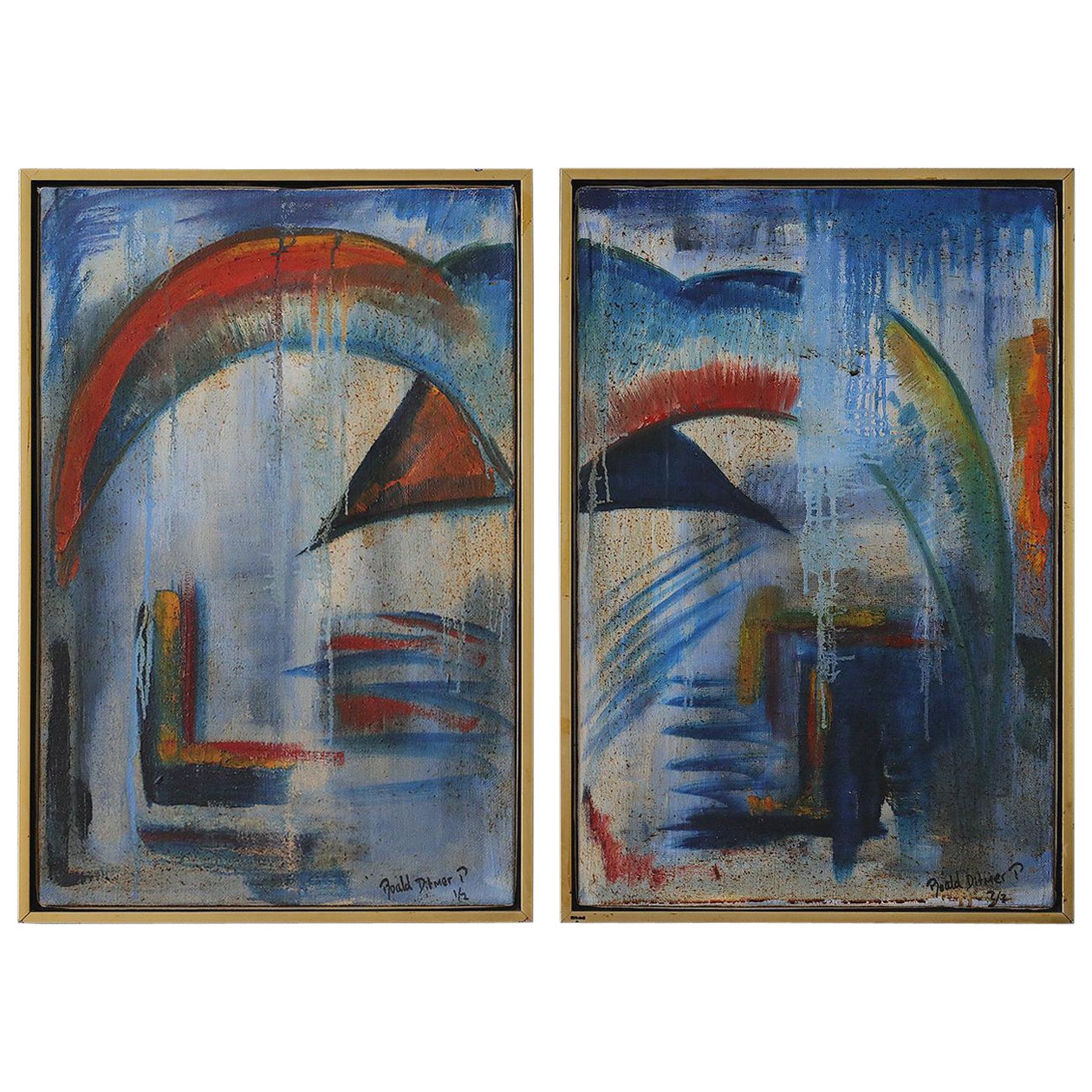 Roald Ditmer, Abstract Composition, Oil on Canvas Diptych, Framed, Set of 2 For Sale