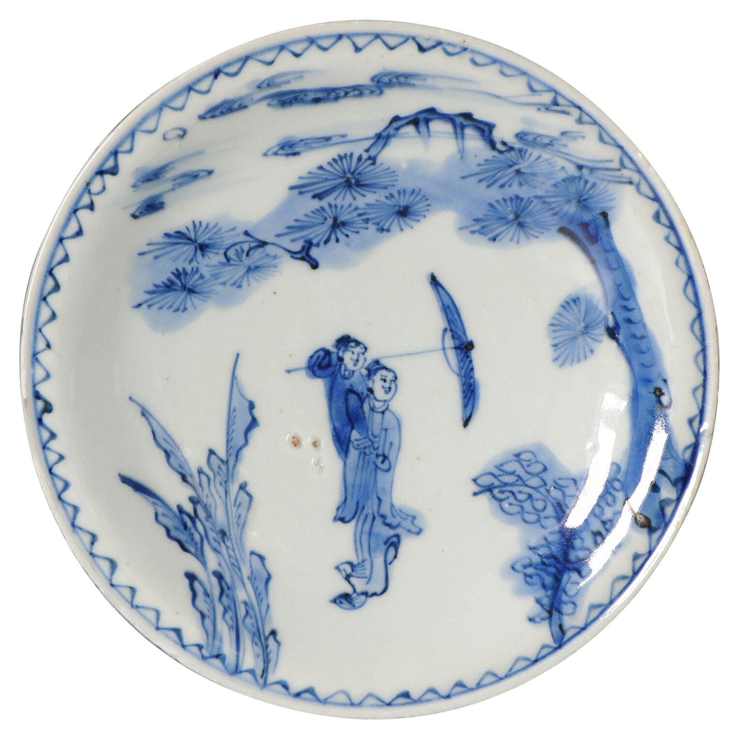 Antique Chinese Porcelain Kosometsuke Parasol Romantic Meeting Plate, 17th C For Sale