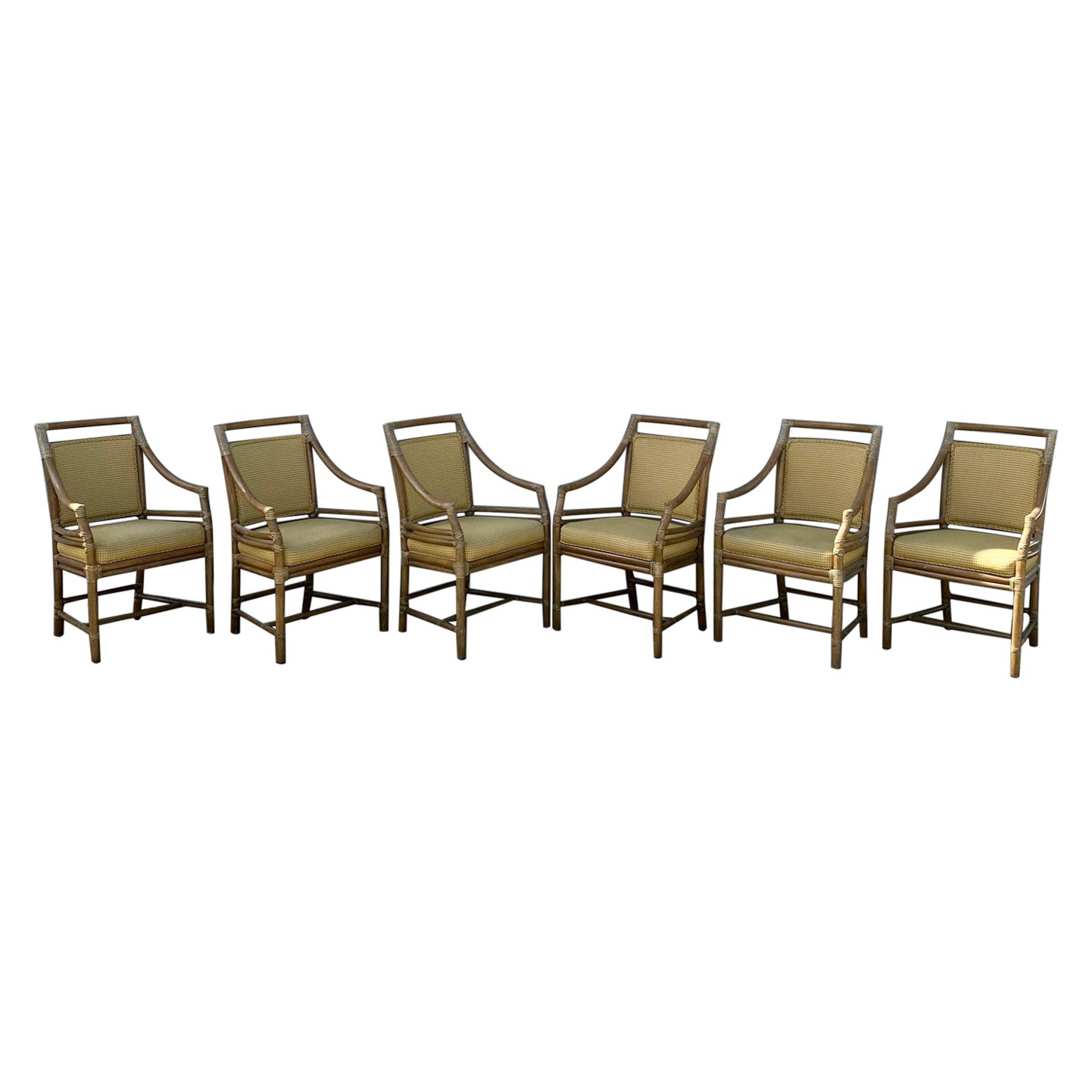 1990s McGuire Target Back Rattan Upholstered Dining Chairs, Set of 6 For Sale