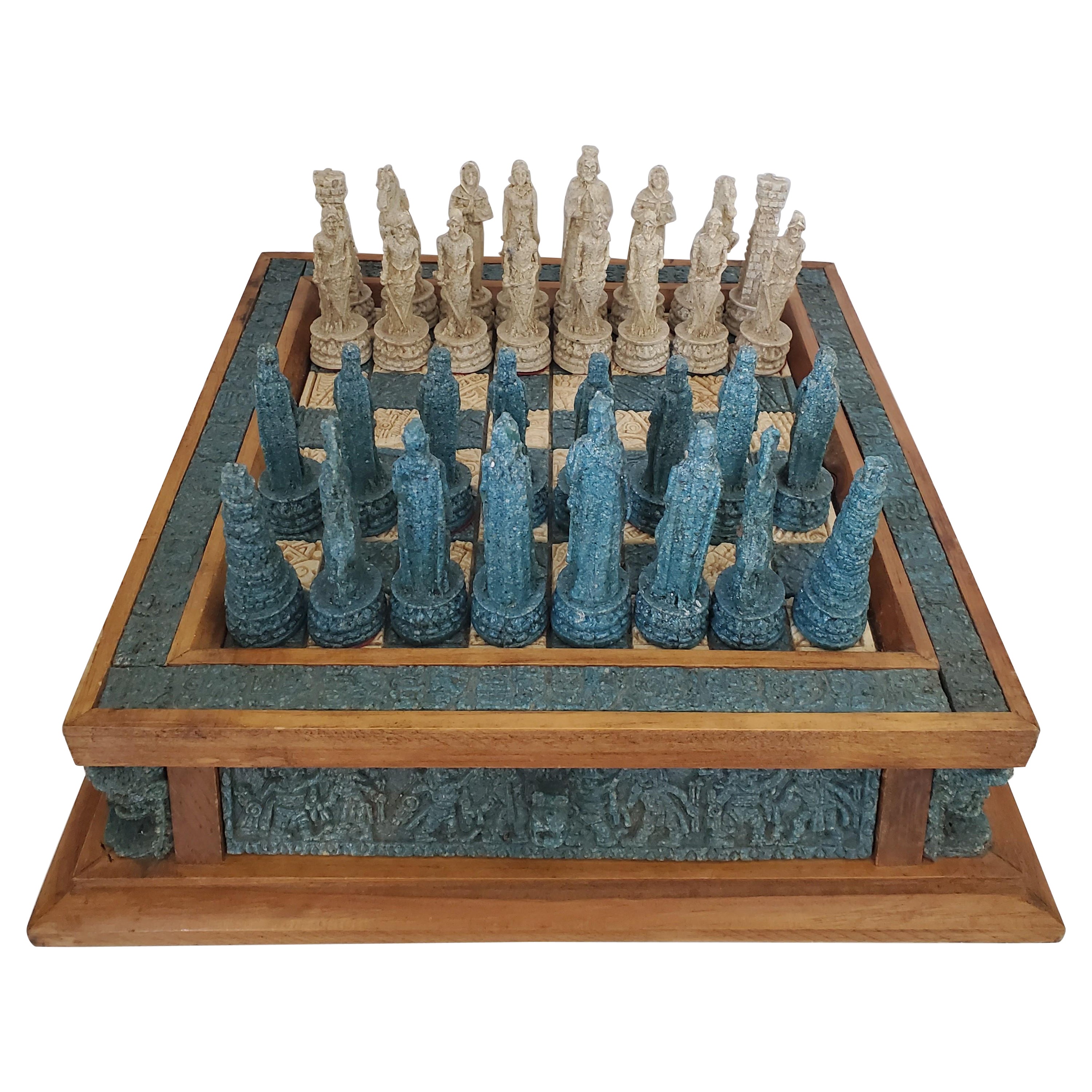 Vintage 1970s Handmade Wood And Composite Stone Chess Set