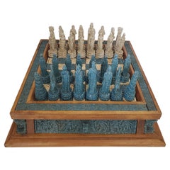 Retro 1970s Handmade Wood And Composite Stone Chess Set