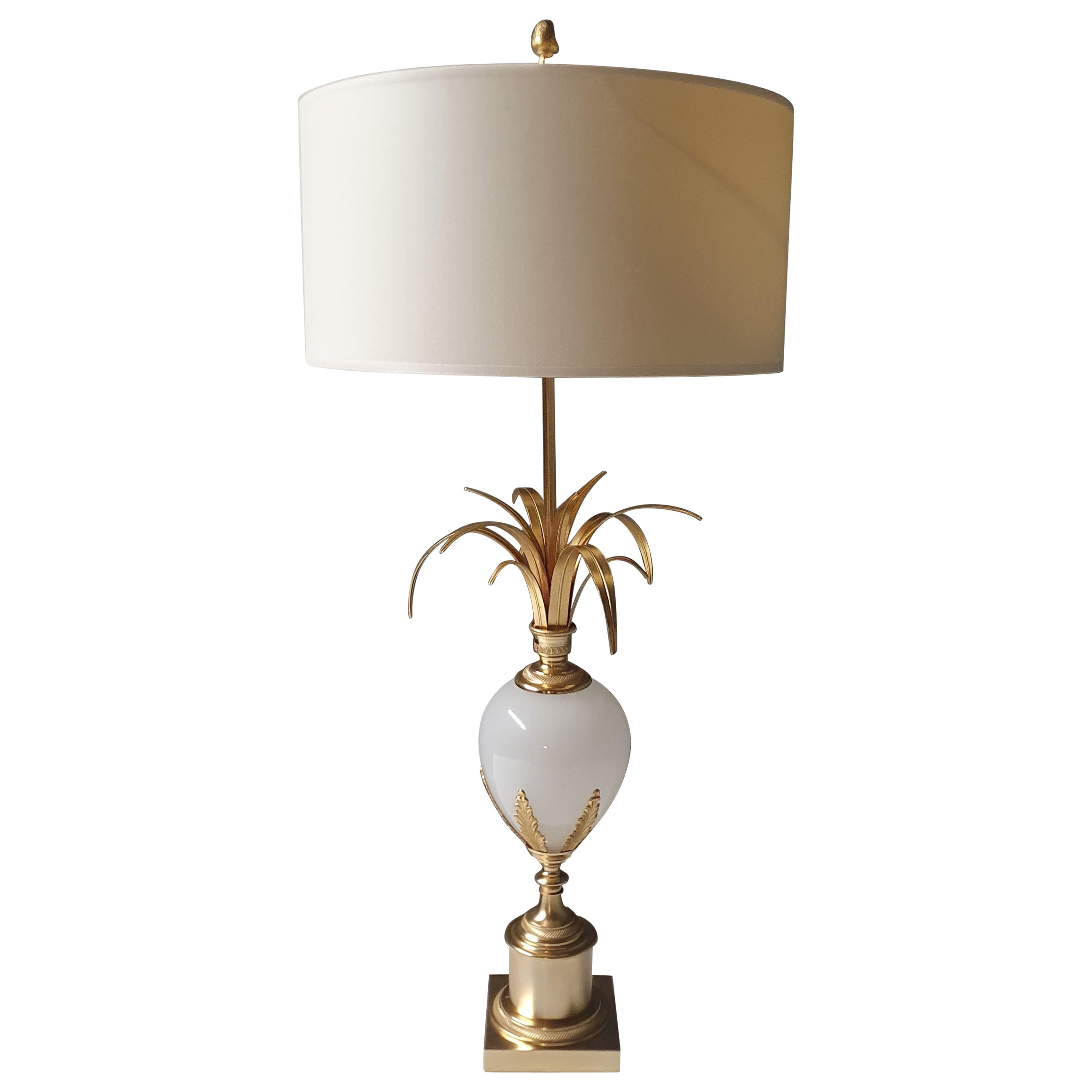 S.A. Boulanger Bronze and Brass Palm Leaf Table lamp with Milk Glass Ostrich Egg