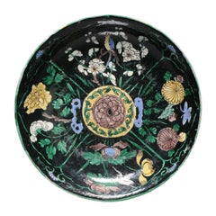 Antique Rare Kangxi Chinese Porcelain Famille Noir Dish Birds Flower, ca 1700 Early