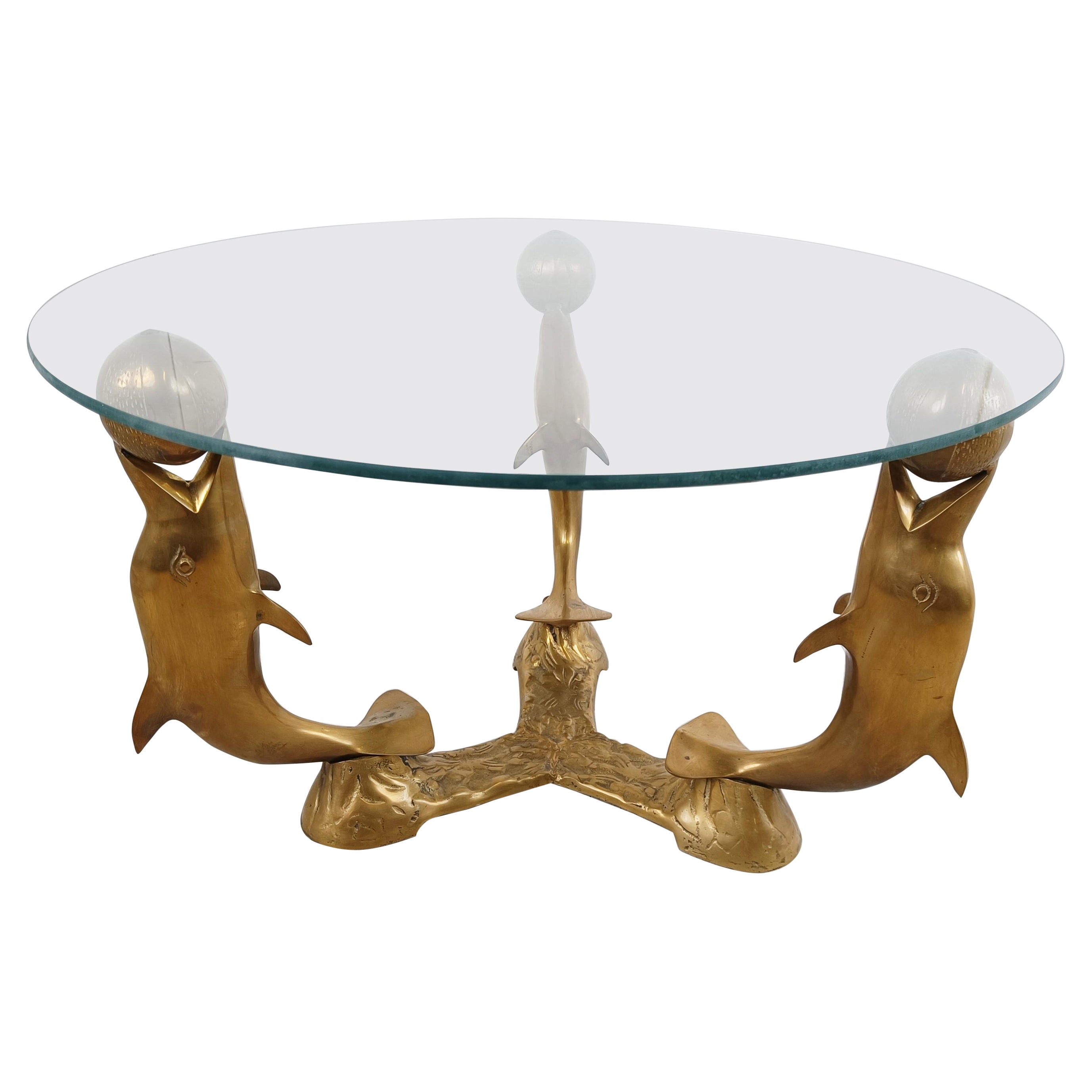 Vintage brass dolphin  coffee table, 1970s For Sale