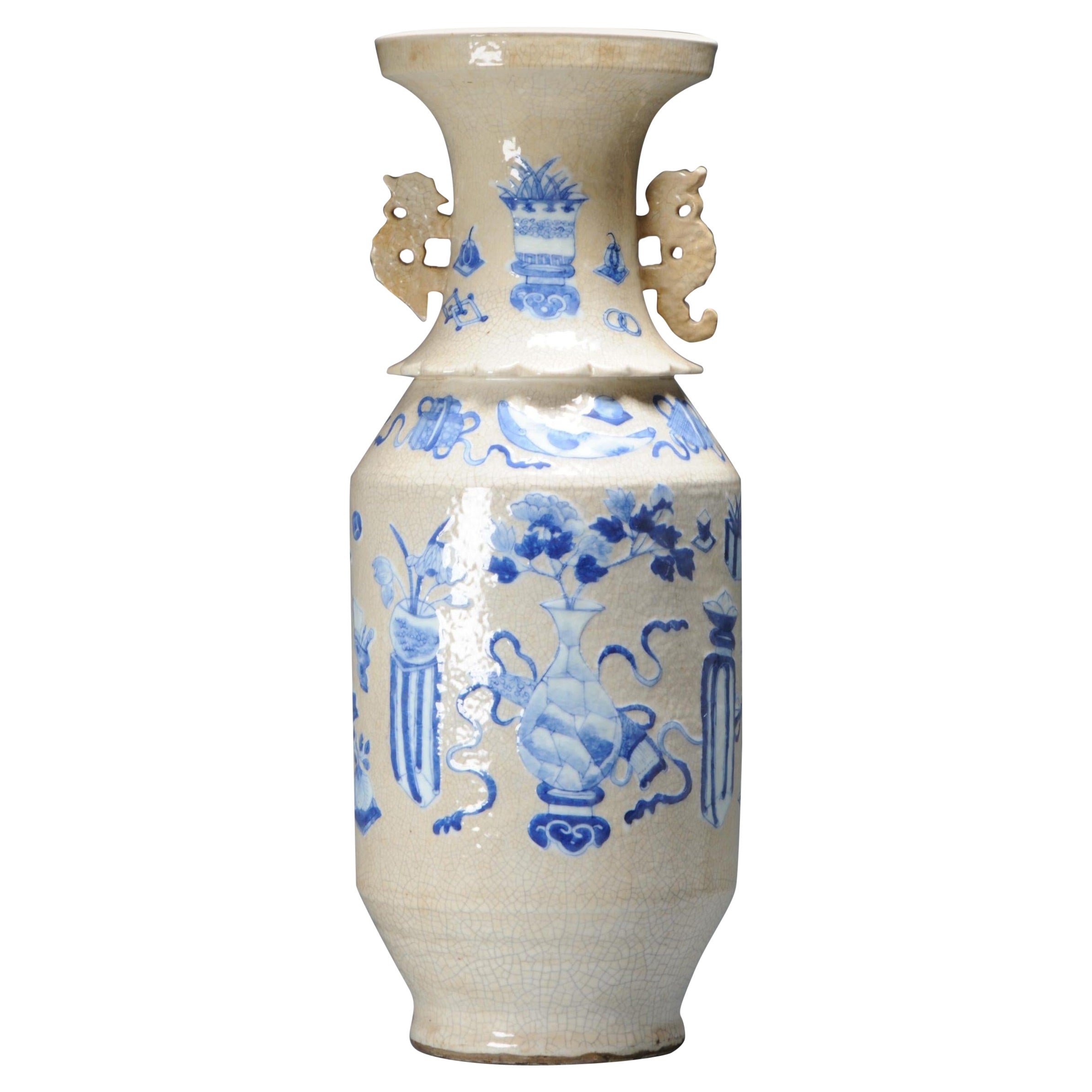 Antique Porcelain Large Baluster Vase Qing Period Blue and White on Crackle For Sale