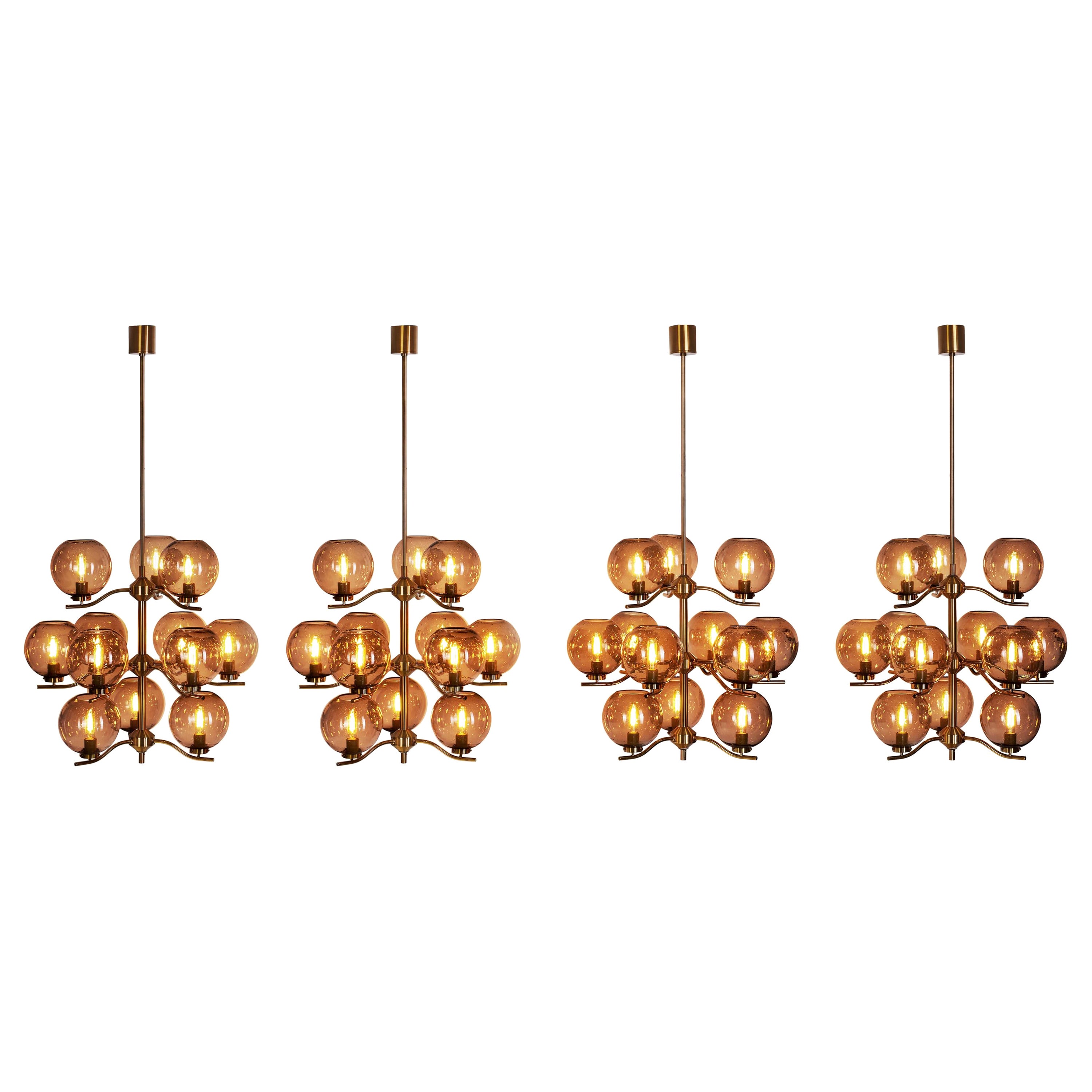 Holger Johansson Set of 4 Chandeliers with Glass Shades for Westal, Sweden 1970s For Sale