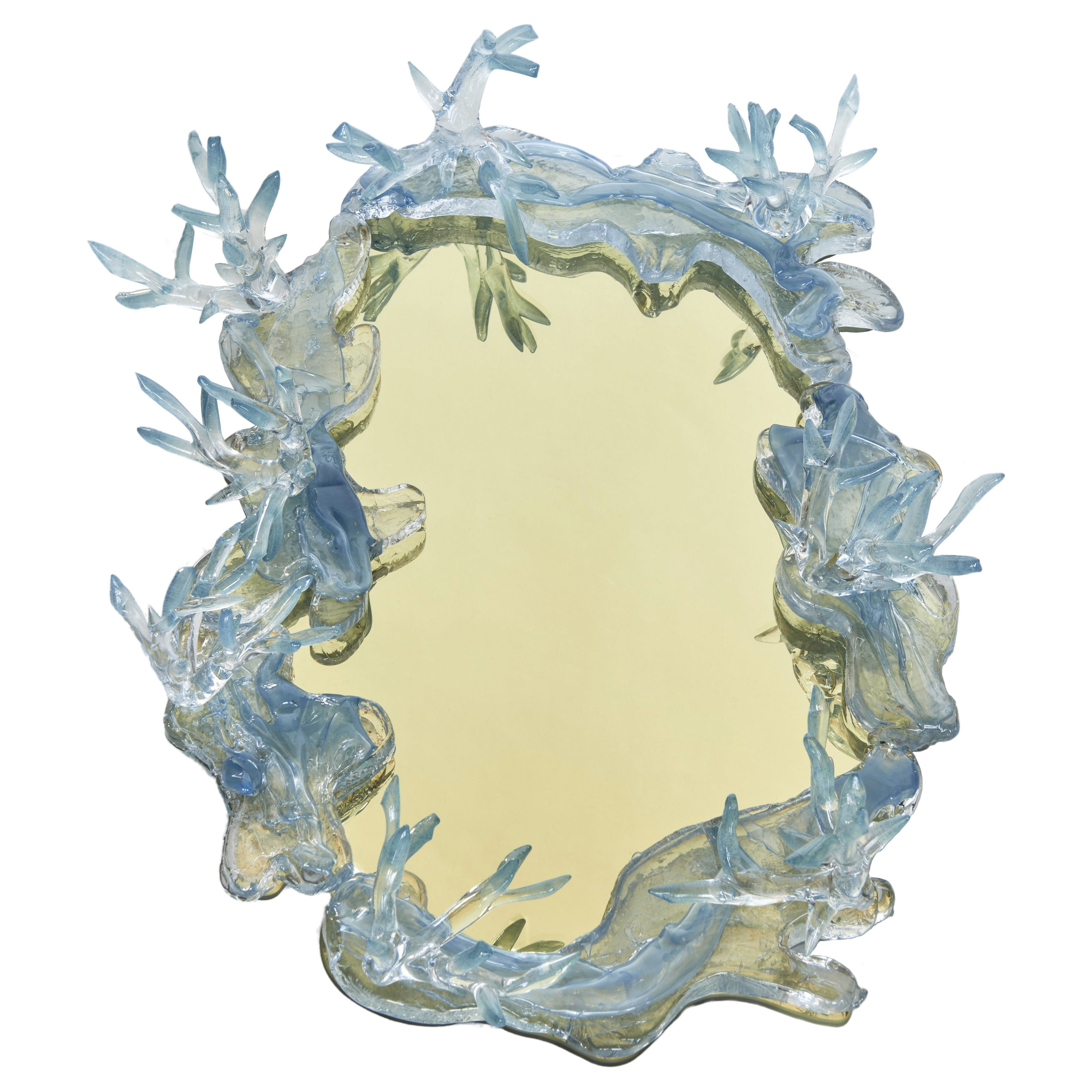 Light Gold Mirror With Light Blue Decor by Emilie Lemardeley For Sale