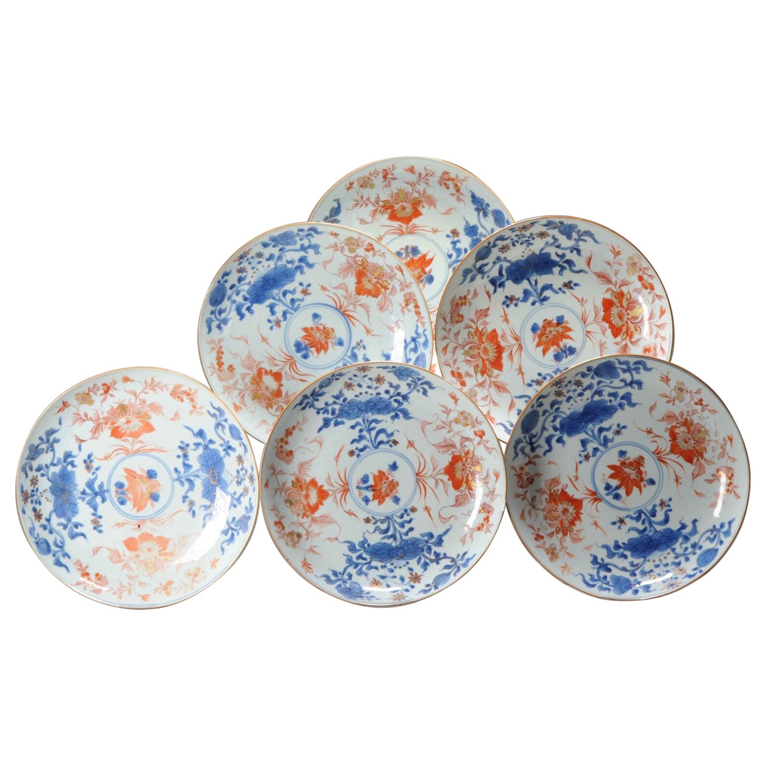 Set of 6 Large Antique Kangxi Chinese Porcelain Imari Dinner Plates, 18th Cen For Sale