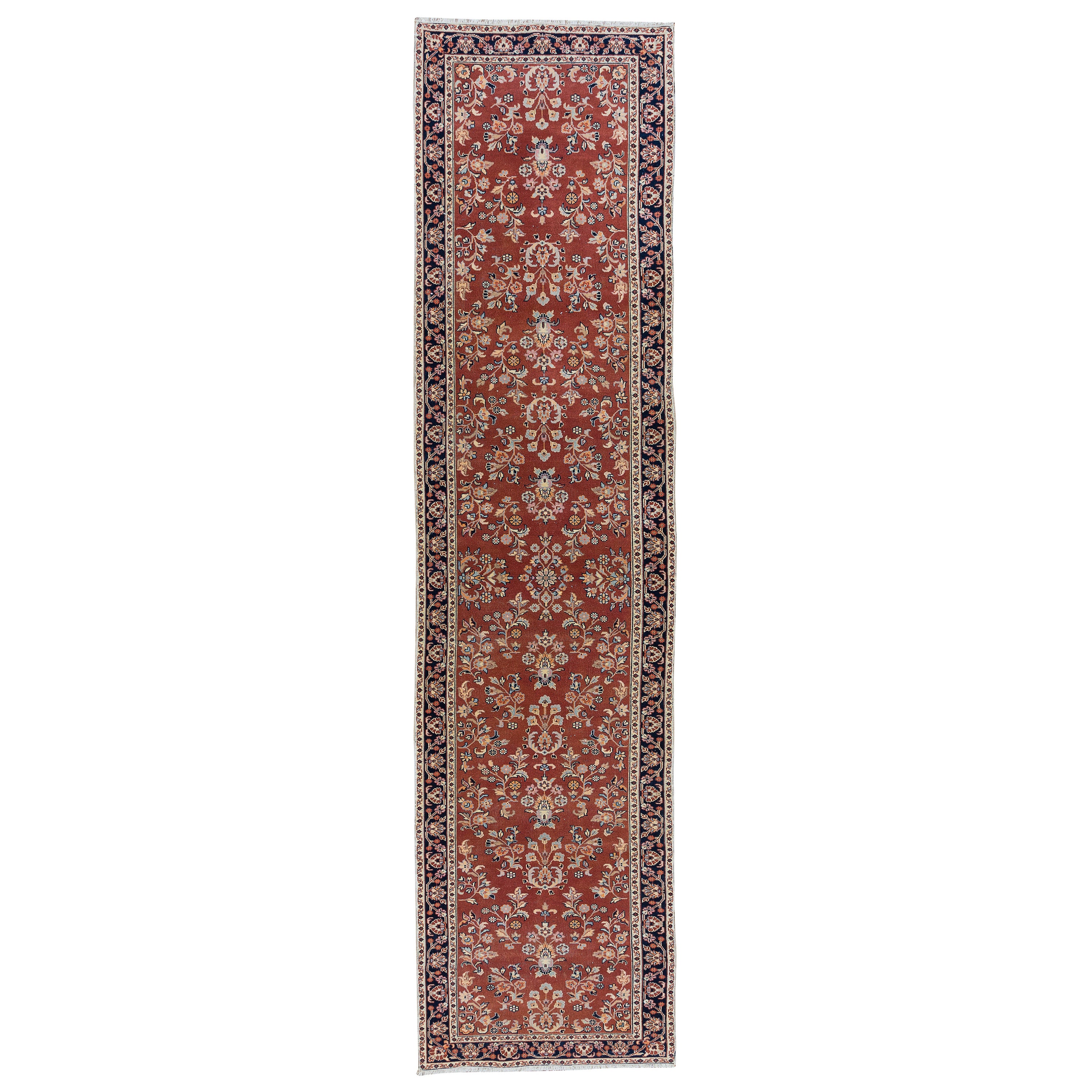 2.6x11.4 Ft Turkish Vintage Hand Knotted Hallway Runner Rug with Floral Motif For Sale