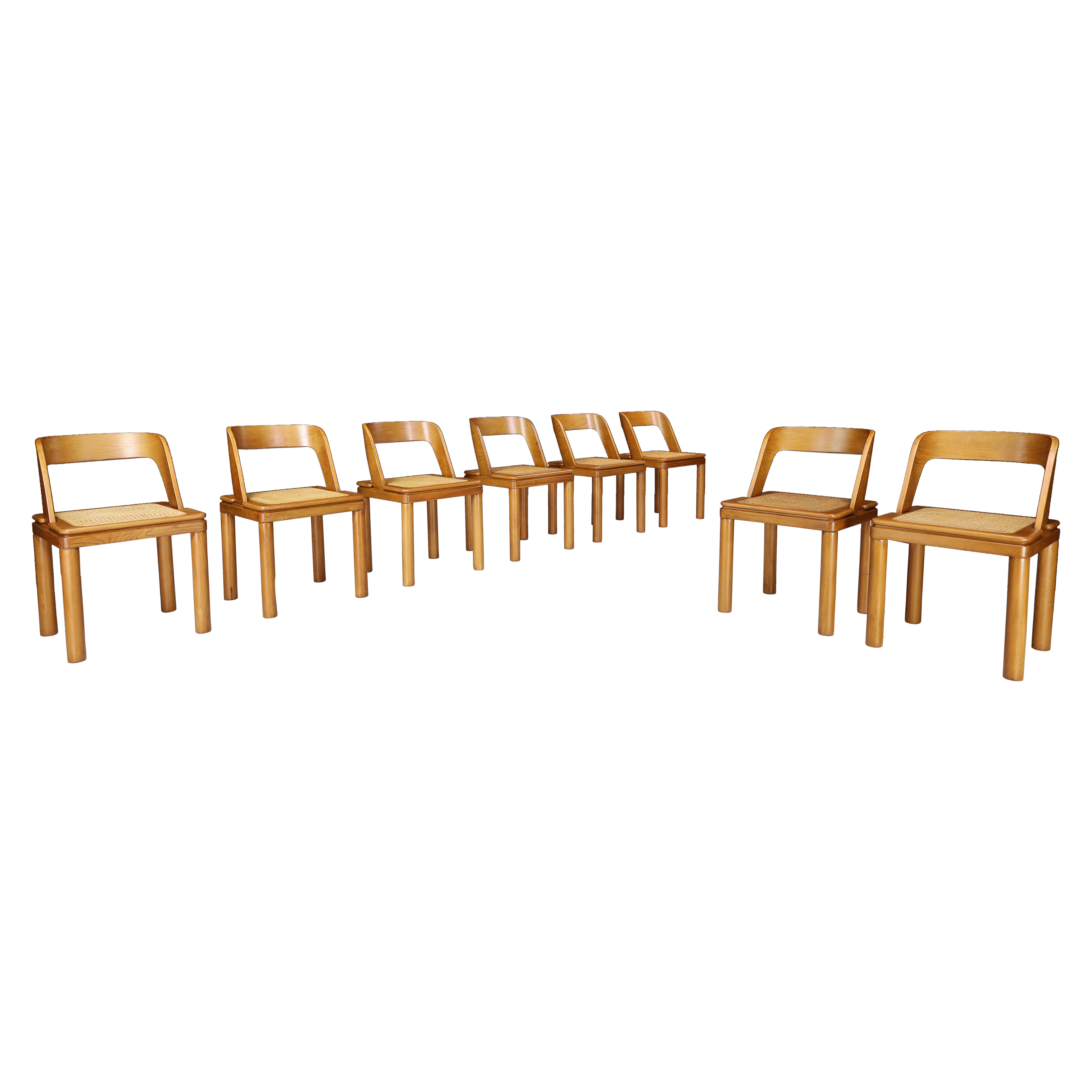 RB Rossana - Ensemble de huit chaises de salle à manger en rotin et en frêne, Italie, années 1960   en vente