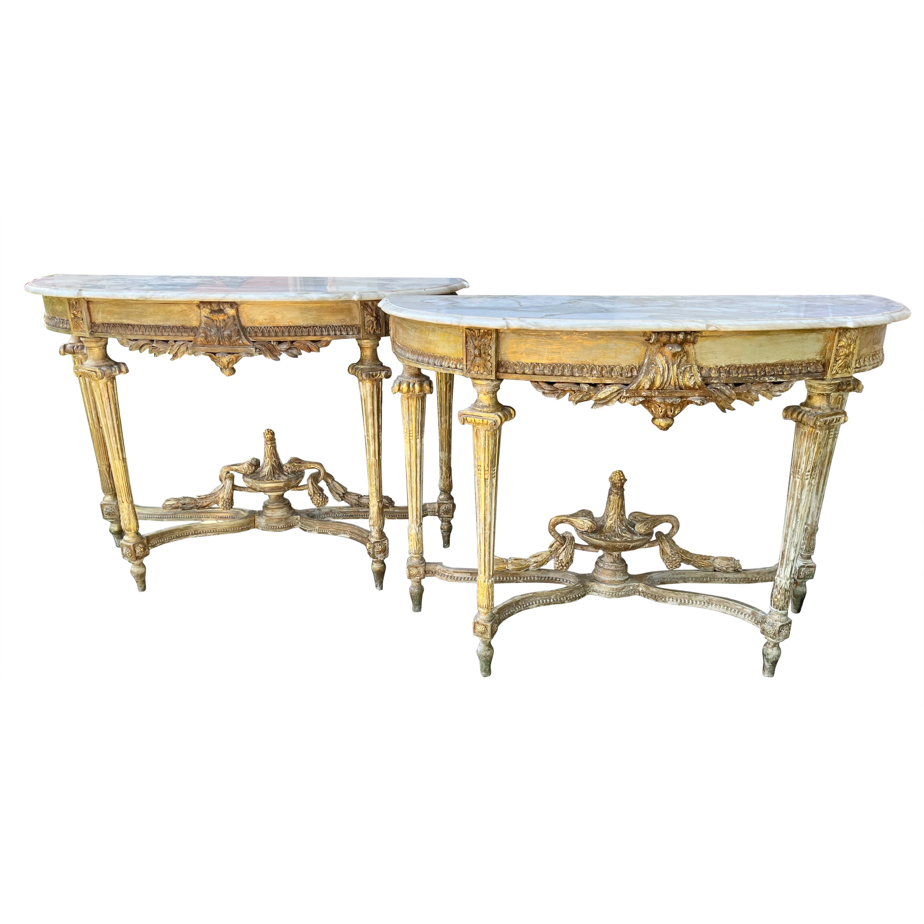 Pair Of Louis XVI Style Distressed Paint and Parcel Gilt Marble Topped Consoles