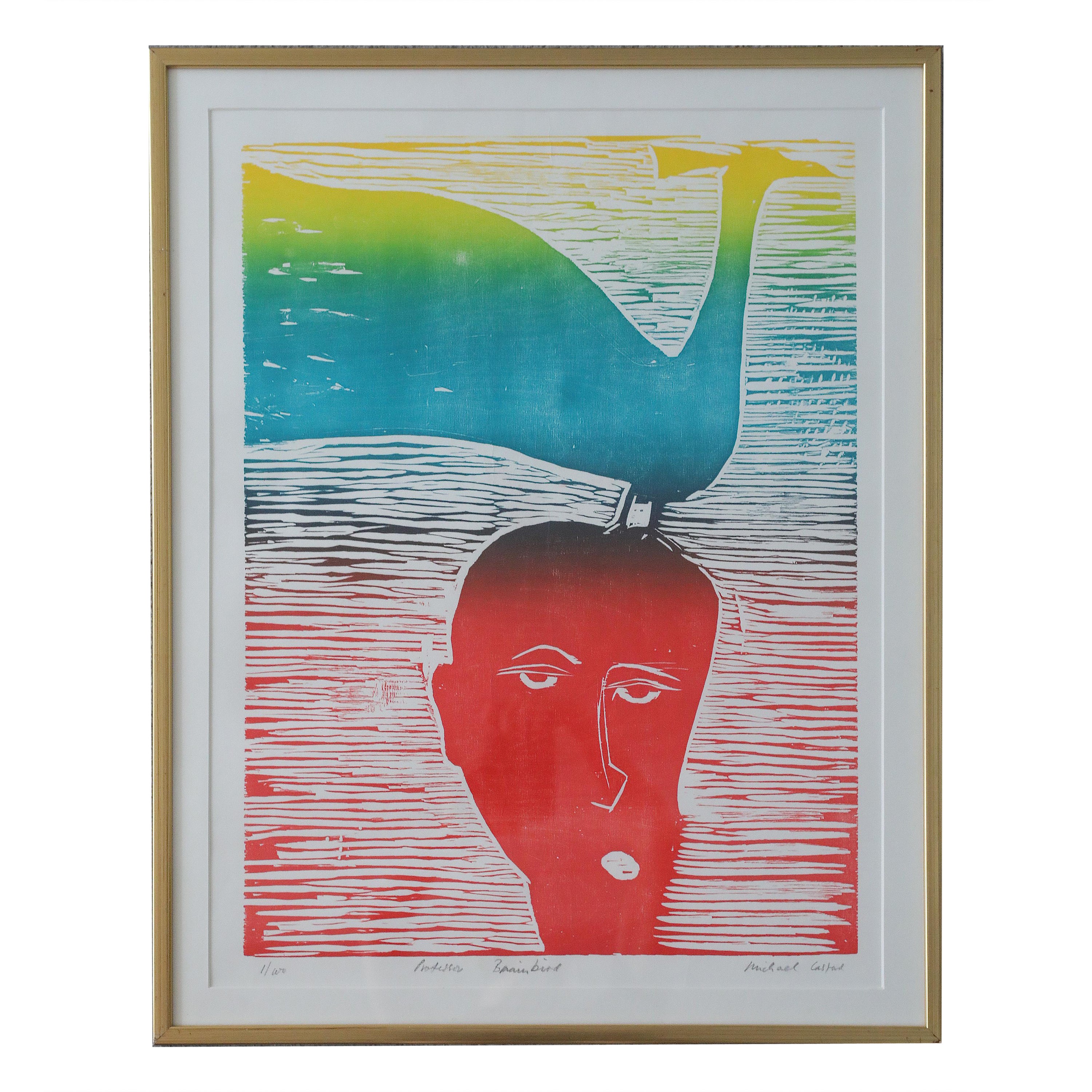 Michael Casford, Professor Brainbird, Color Woodcut, Framed For Sale