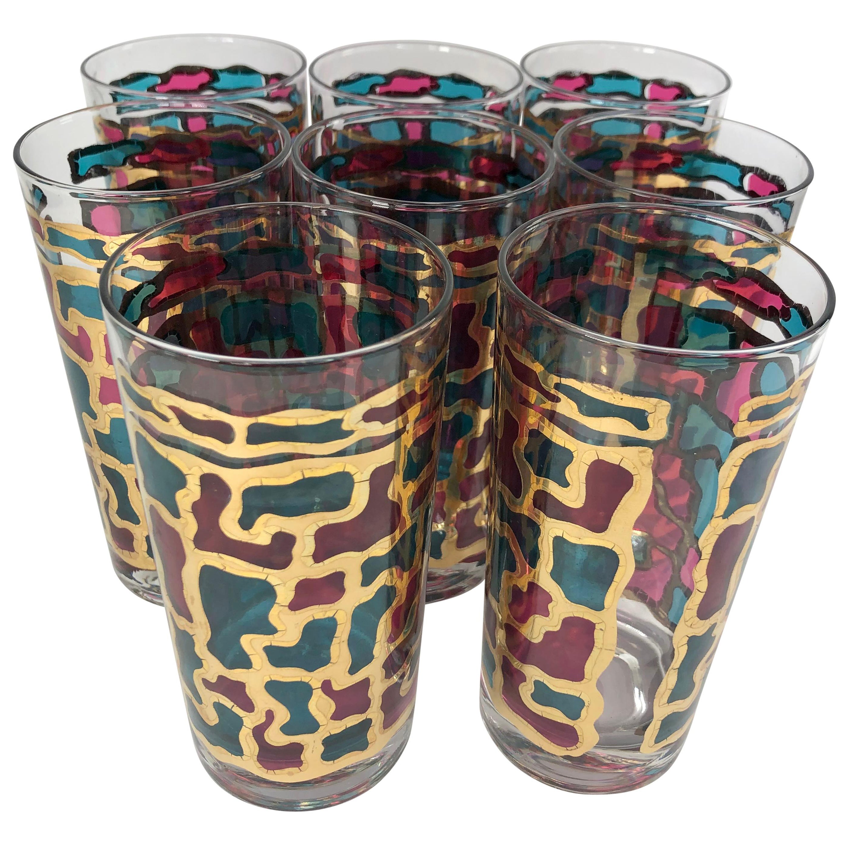 Vintage Stained Glass and Gilt Highball Glasses - Set of 8 For Sale