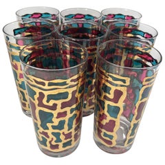 Retro Stained Glass and Gilt Highball Glasses - Set of 8