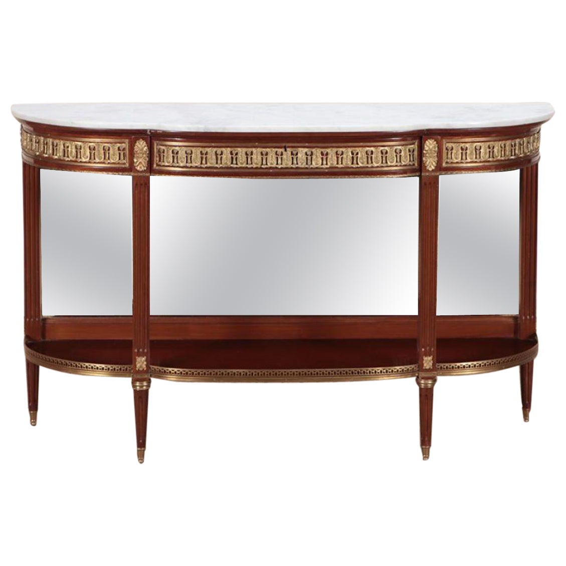 Mahogany bronze mounted Louis XVI style marble top console table For Sale